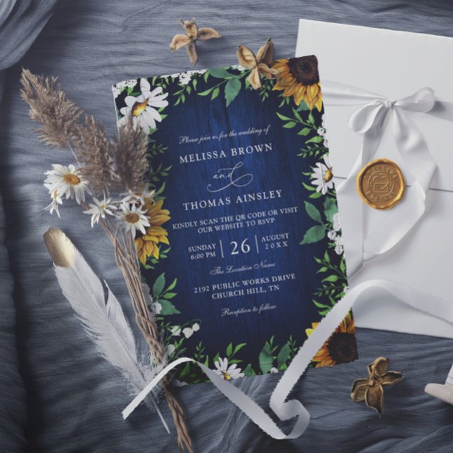 Navy Blue Sunflower Rustic Budget QR Code Wedding Einladung (Von Creator hochgeladen)