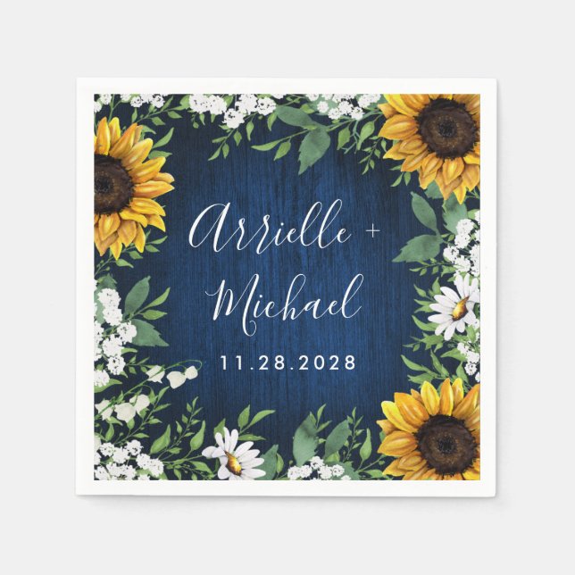 Navy Blue Sunflower Rustic Country Wedding Napkins Serviette (Vorderseite)