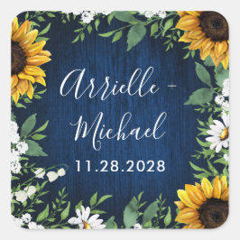 Navy Blue Sunflower Rustic Gastgeschenke Hochzeite Quadratischer Aufkleber