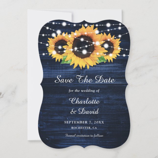 Navy Blue Sunflower Rustic Holz String Lights Save The Date (Vorderseite)