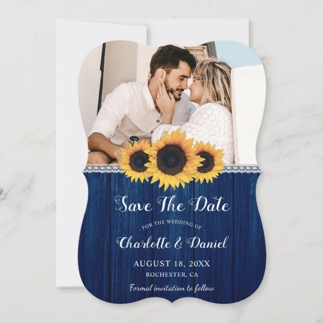 Navy Blue Sunflower Save the Date Foto Cards (Vorderseite)