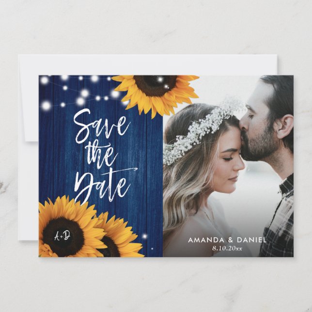 Navy Blue Sunflower Save the Date Foto Cards (Vorderseite)