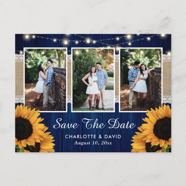 Navy Blue Sunflower Save the Date Foto Postkarten (Vorderseite)