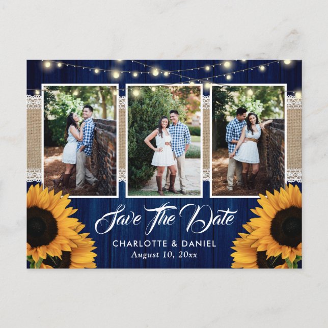 Navy Blue Sunflower Save the Date Foto Postkarten (Vorderseite)