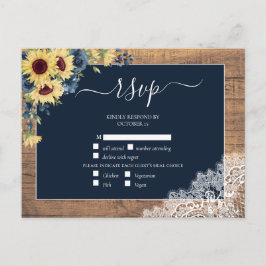Navy Blue Sunflower Script Lace Wood Wedding RSVP Einladungspostkarte