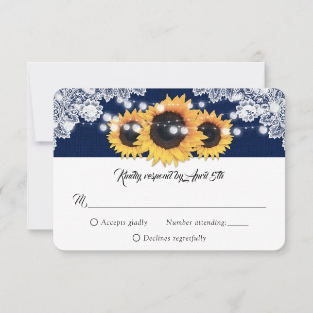 Navy Blue Sunflower String Lights Burlap Wedding RSVP Karte (Vorderseite)