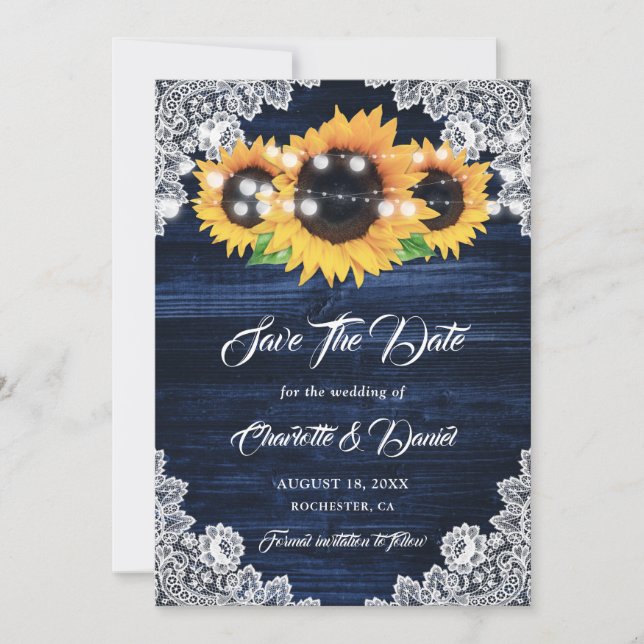 Navy Blue Sunflower String Lights Floral Lace Wood Save The Date (Vorderseite)