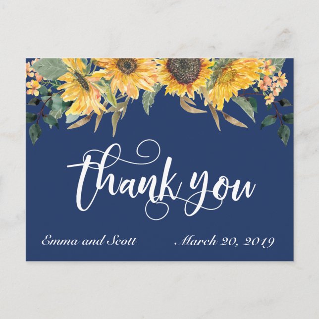 Navy Blue Sunflower Vielen Dank für Ihr Hochzeitss Postkarte (Vorderseite)