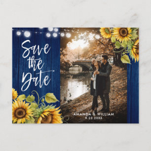 Navy Blue Sunflower Wedding Photo Save The Date Ankündigungspostkarte