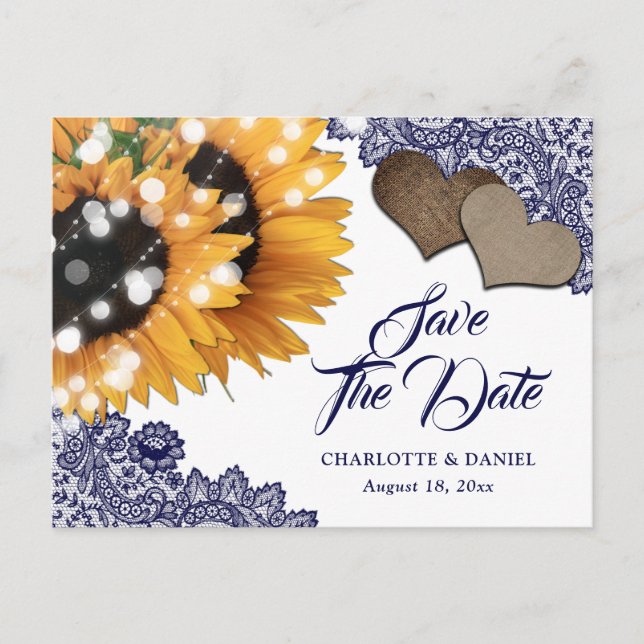 Navy Blue Sunflower Wedding Save The Date Postcard Ankündigungspostkarte (Vorderseite)