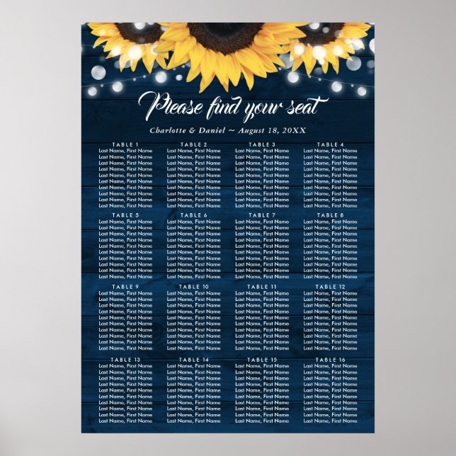Navy Blue Sunflower Wedding Seating Chart 16 Poster (Vorne)