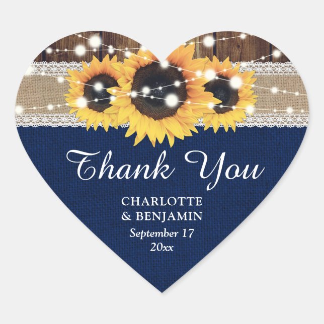 Navy Blue Sunflower Wood Burlap Lace Vielen Dank Herz-Aufkleber (Vorderseite)
