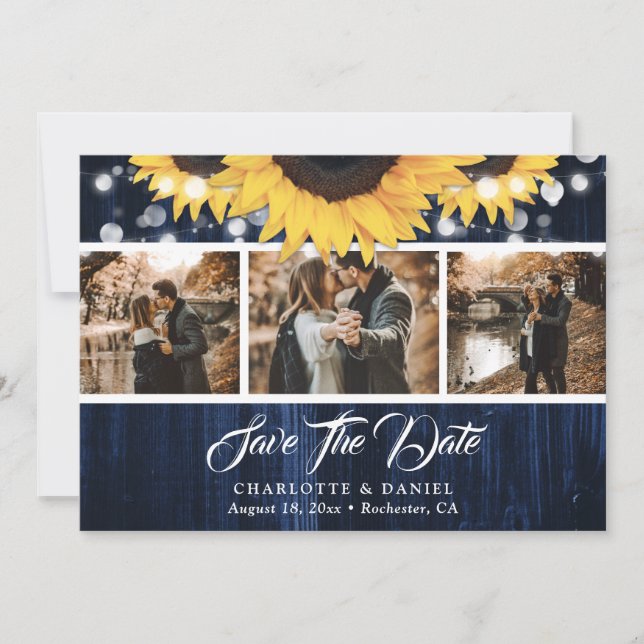 Navy Blue Sunflower Wood Lights Wedding Photo Save The Date (Vorderseite)
