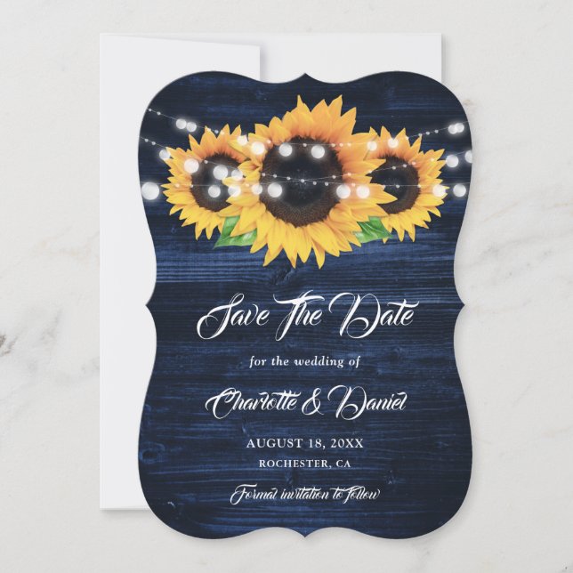 Navy Blue Sunflower Wood String Lights Wedding Save The Date (Vorderseite)