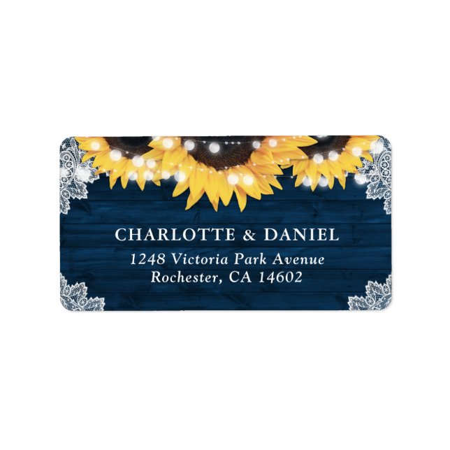 Navy Blue Sunflower Wood Wedding Address Labels Adressaufkleber (Vorne)