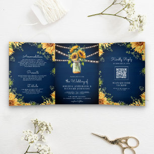 Navy Blue Sunflowers Mason Jar QR Code Hochzeit Dreifach Gefaltete Einladung