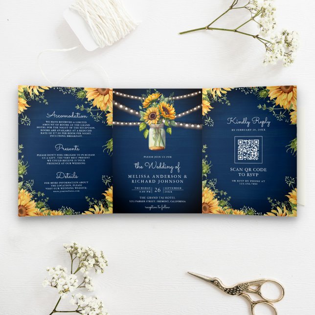 Navy Blue Sunflowers Mason Jar QR Code Hochzeit Dreifach Gefaltete Einladung (Von Creator hochgeladen)