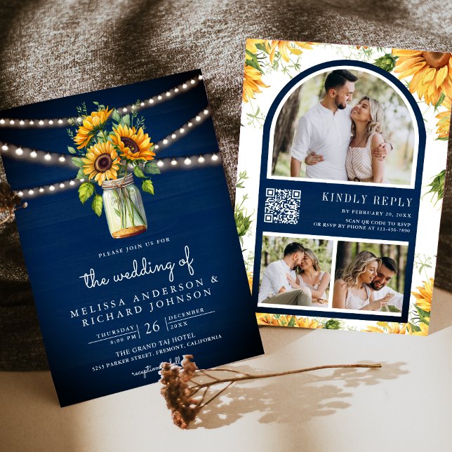 Navy Blue Sunflowers Mason Jar QR Code Hochzeit Einladung (Von Creator hochgeladen)