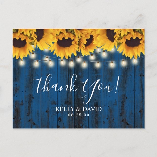Navy Blue Sunflowers Rustic Wedding Vielen Dank Postkarte (Vorderseite)
