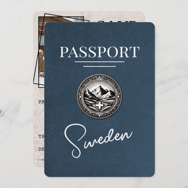 Navy Blue Sweden Passport Save the Date (Vorne/Hinten)