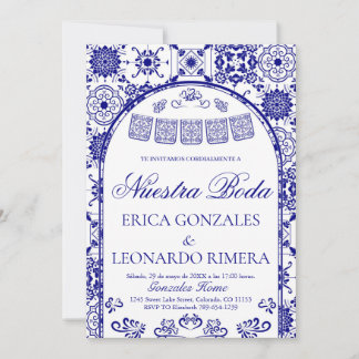 Navy Blue Talavera Papel Picado Spanish Wedding Einladung