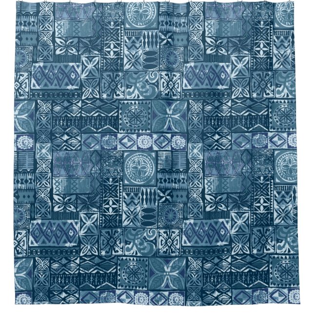 Navy Blue Tapa: Tribal Fabric Abstrakt Duschvorhang (Vorderseite)