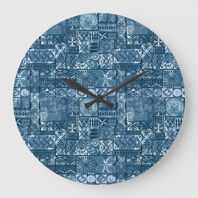Navy Blue Tapa: Tribal Fabric Abstrakt Große Wanduhr (Vorderseite)