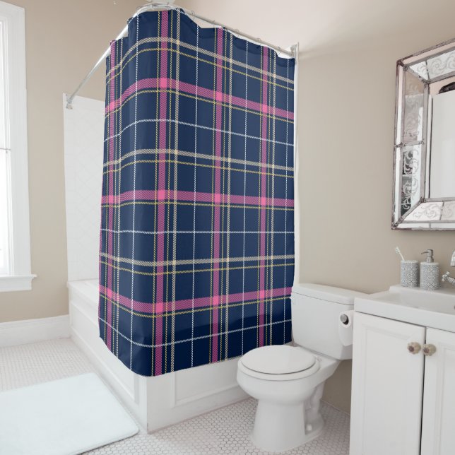 Navy Blue Tartan Kariert mit Pink White Beige Duschvorhang (Beispiel)