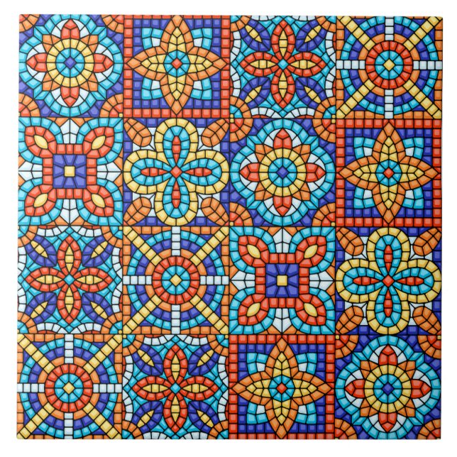 Navy Blue Teal White Red Marble Moroccan Mosaic  Fliese (Vorderseite)