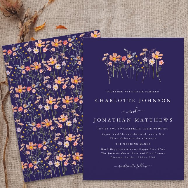 Navy Blue Terracotta Boho Fall Wildblume Hochzeit Einladung (Boho fall Wildflower floral navy blue terracotta blush pink orange Wedding invitation)
