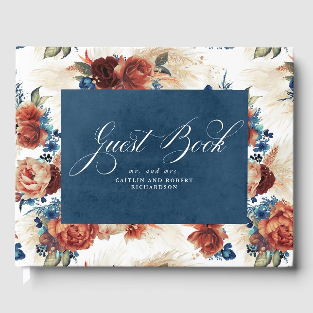 Navy Blue Terracotta Boho Floral Wedding Gästebuch (Vorderseite)