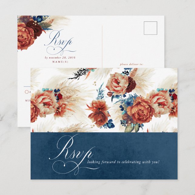 Navy Blue Terracotta Floral Boho Wedding RSVP Postkarte (Vorne/Hinten)