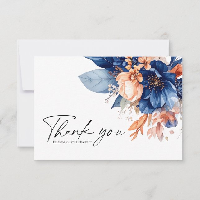 Navy Blue Terracotta Floral Elegant Wedding Dankeskarte (Vorderseite)
