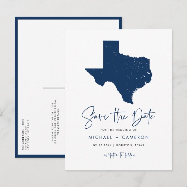 Navy Blue Texas Staat Karte QR-Code Save the Date (Vorne/Hinten)