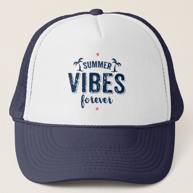 Navy Blue Text Design Summer Vibes Forever Truckerkappe (Vorderseite)