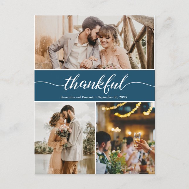 Navy Blue Thankful Wedding Foto Collage Postkarte (Vorderseite)