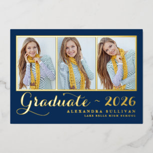 Navy Blue Three Foto Collage Abschluss Folieneinladung