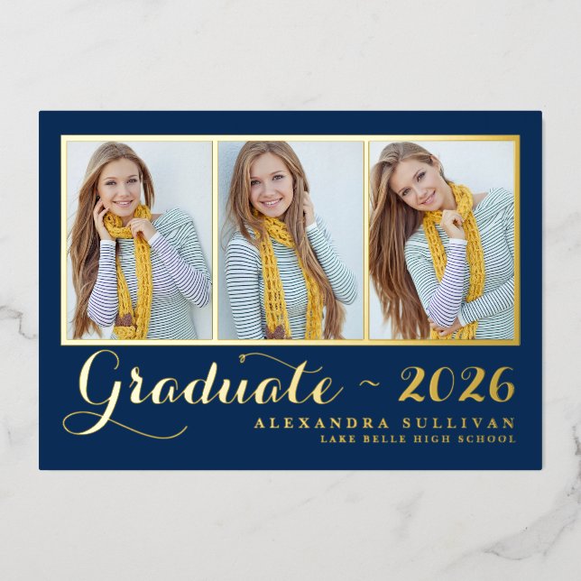 Navy Blue Three Foto Collage Abschluss Folieneinladung (Vorderseite)