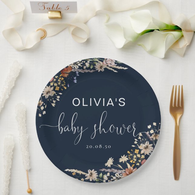 Navy Blue Tiny Wildblume Baby Shower Paper Plate Pappteller (Hochzeit)