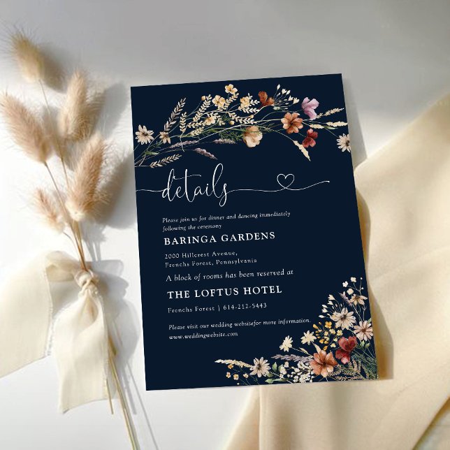 Navy Blue Tiny Wildblume Hochzeitdetails Begleitkarte (Von Creator hochgeladen)
