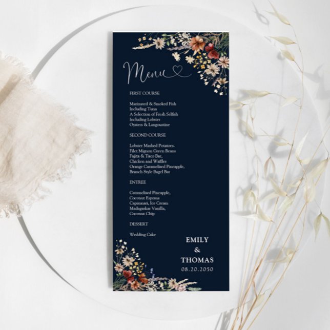 Navy Blue Tiny Wildblume Wedding Menu Menükarte (Von Creator hochgeladen)