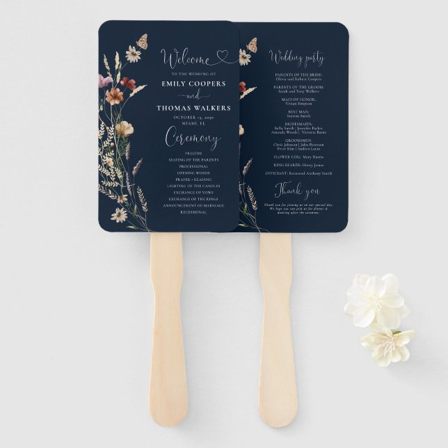Navy Blue Tiny Wildblume Wedding Program Hand Fan Fächer (Vorne und Hinten)