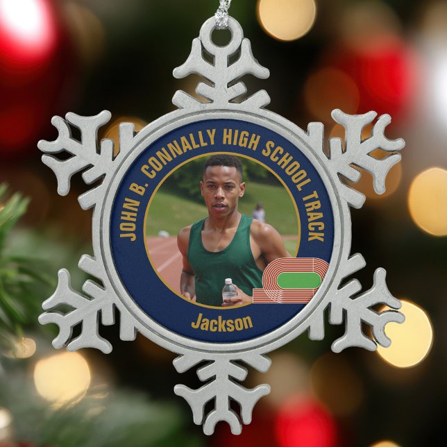 Navy Blue Track & Field Photo High School Runner Schneeflocken Zinn-Ornament (Von Creator hochgeladen)