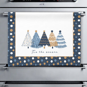 Navy Blue Trees Modern Dots Weihnachtsname Geschirrtuch