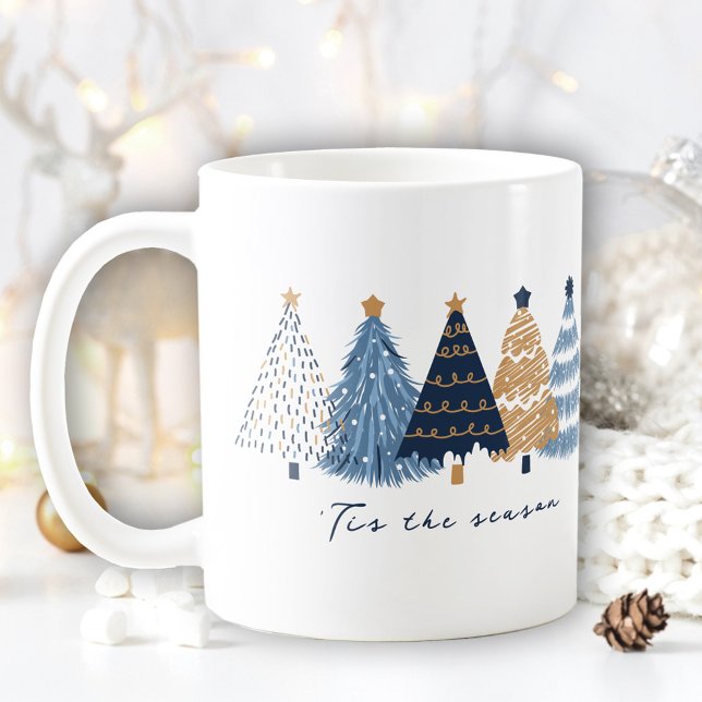 Navy Blue Trees Modern Simple Christmas Name Kaffeetasse (Navy Blue Trees Modern Simple Christmas Name Coffee Mug)