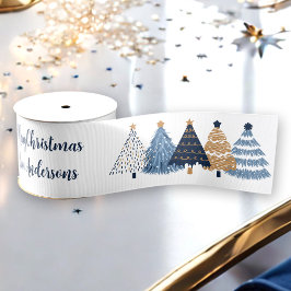 Navy Blue Trees Modern Simple Christmas Name Ripsband