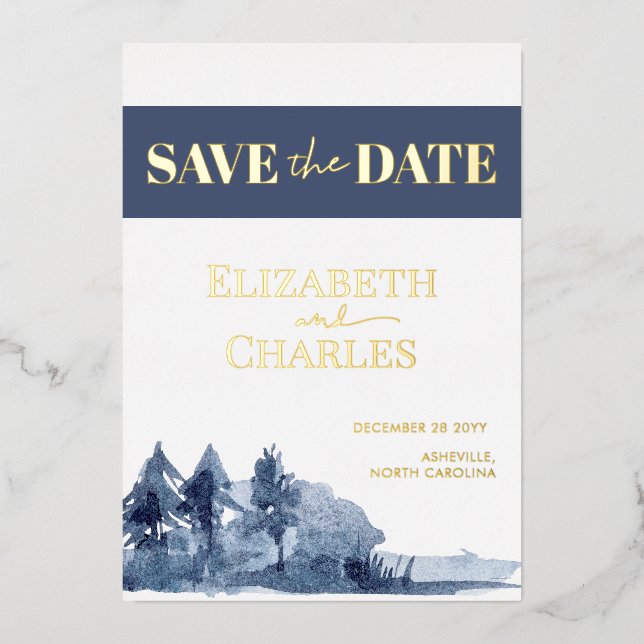 Navy Blue Trees Mountain Winter Save the Date Folieneinladung (Vorderseite)