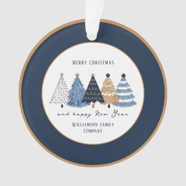 Navy Blue Trees Text Name Moderner Weihnachtsfeier Ornament (Vorderseite)