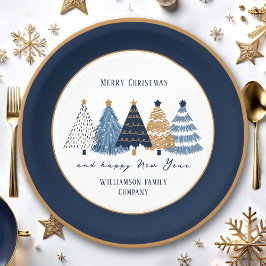 Navy Blue Trees Text Name Moderner Weihnachtsfeier Pappteller