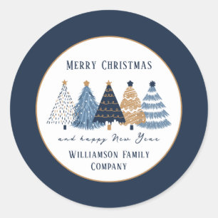 Navy Blue Trees Text Name Moderner Weihnachtsfeier Runder Aufkleber